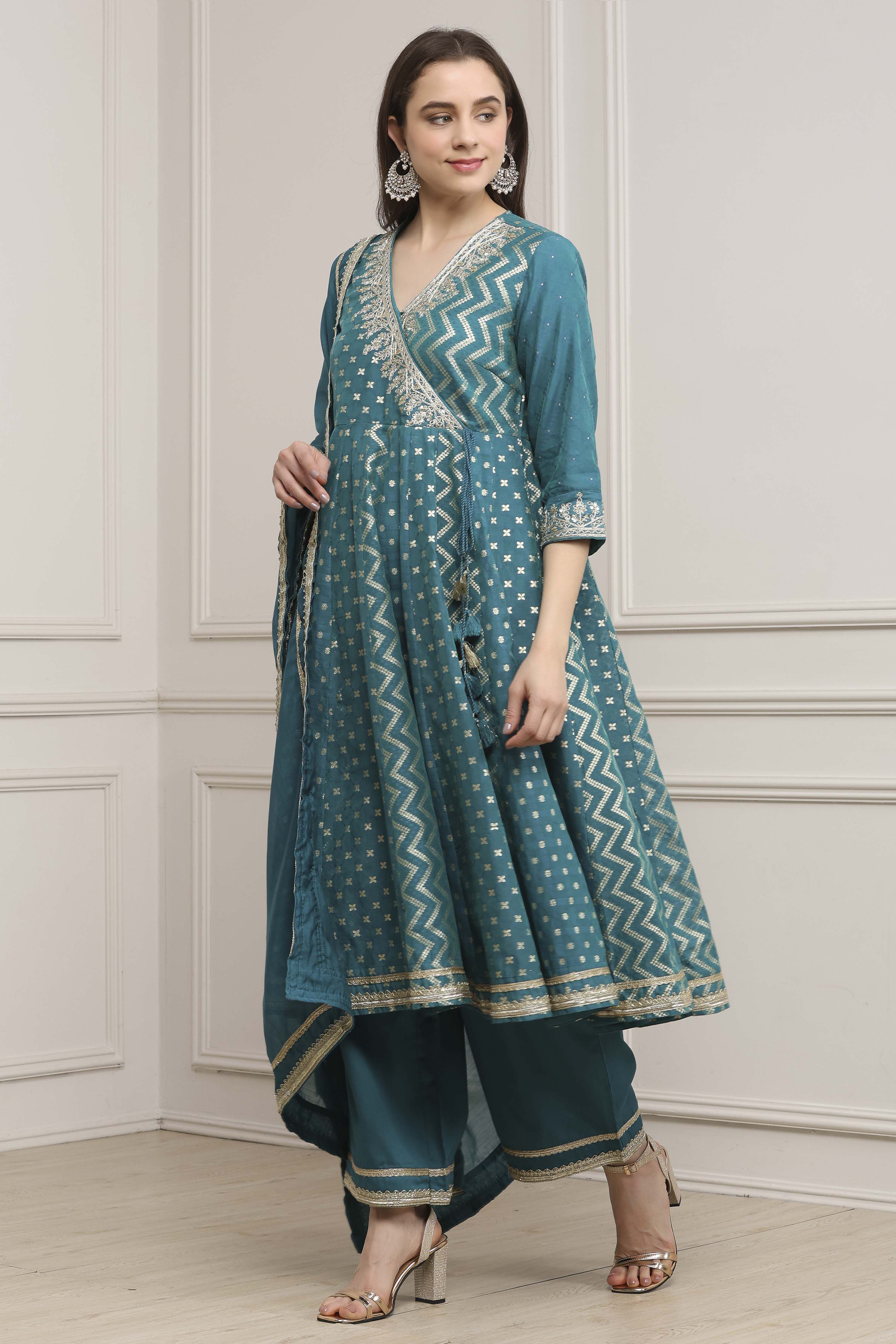 Teal Green Poly Cotton Anarkali Suit Set image number 3