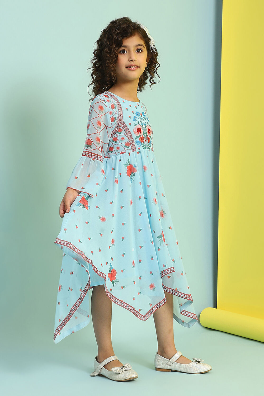 Sky Blue Printed Gathered Asymmetric Dress image number 4