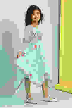 Sky Blue Printed Gathered Asymmetric Dress image number 4