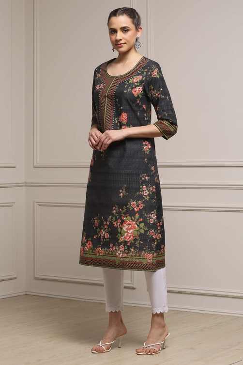 Black Cotton Printed Straight Kurta image number 2