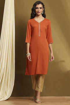 Burnt Orange Solid Regular Fit Straight Kurta image number 5