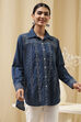 Blue Cotton Blend High-Low Straight Shirt image number 4