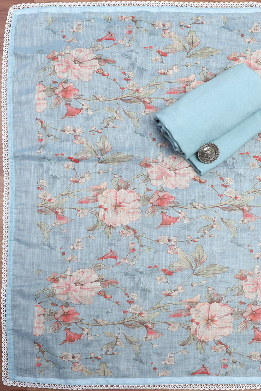 Salmon Pink Linen Digital Print Unstitched Suit Set image number 2