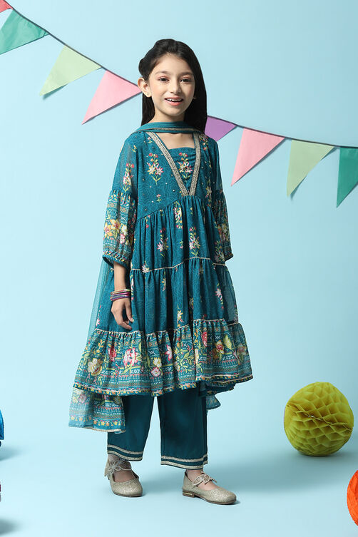 Teal Polyester Flared Printed Kurta Palazzo Suit Set image number 6