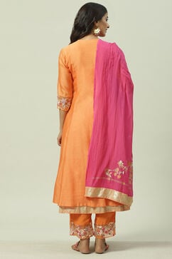 Orange Pink Cotton Silk Flared Kurta Palazzo Suit Set image number 4