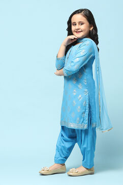 Blue Cotton Straight Printed Kurta Patiala Salwar Suit Set image number 4