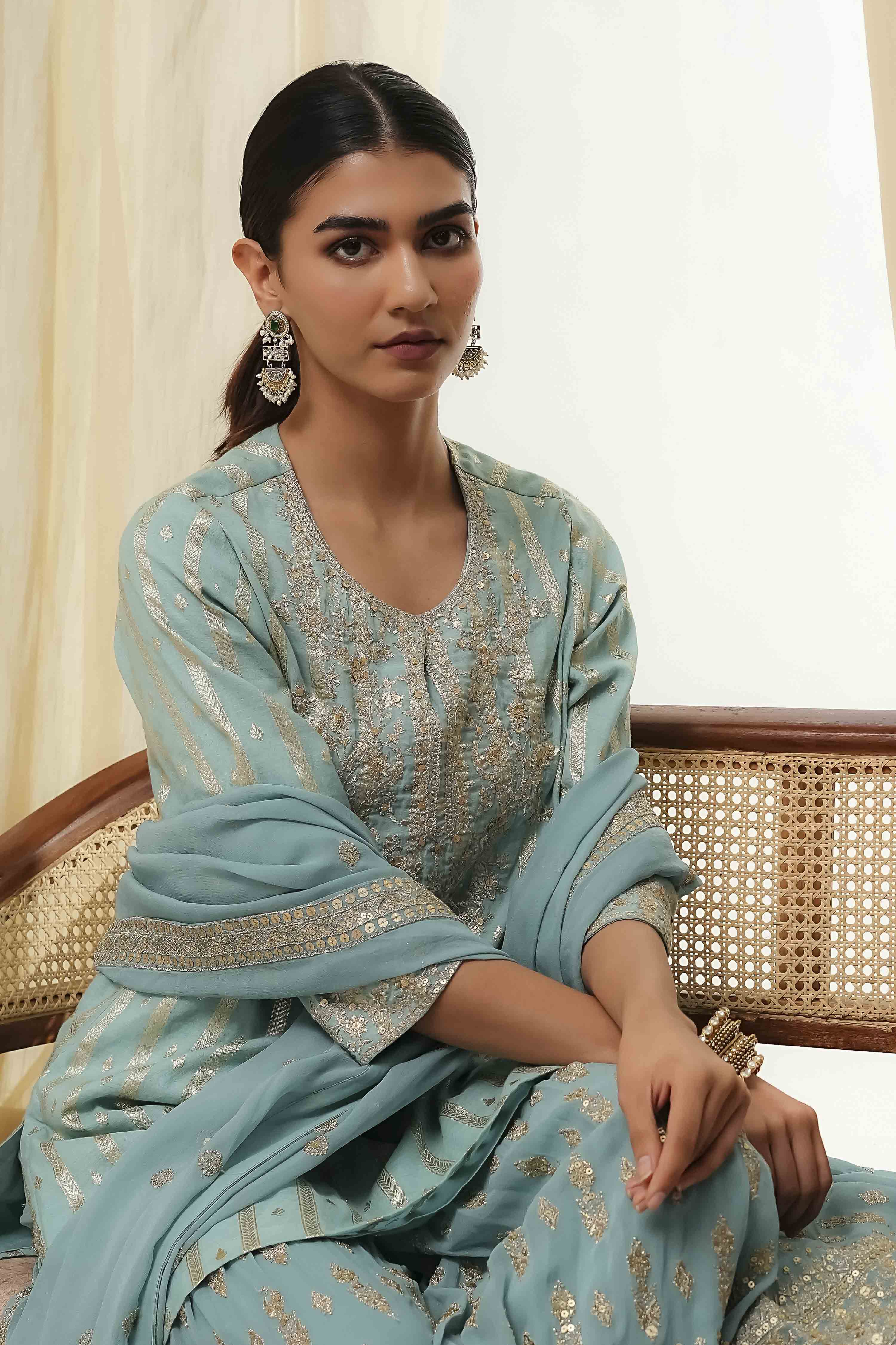 Powder Blue Embroidered Straight Suit Set image number 7