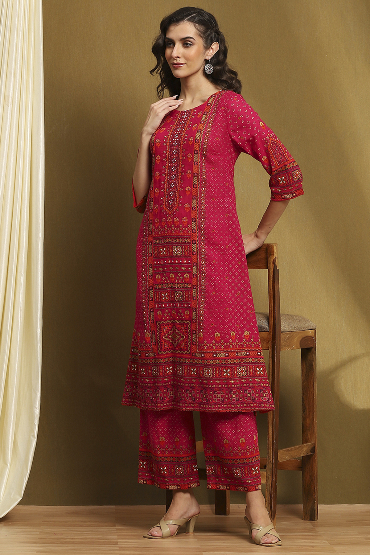 Fuchsia Cotton Printed A-Line Kurta Set