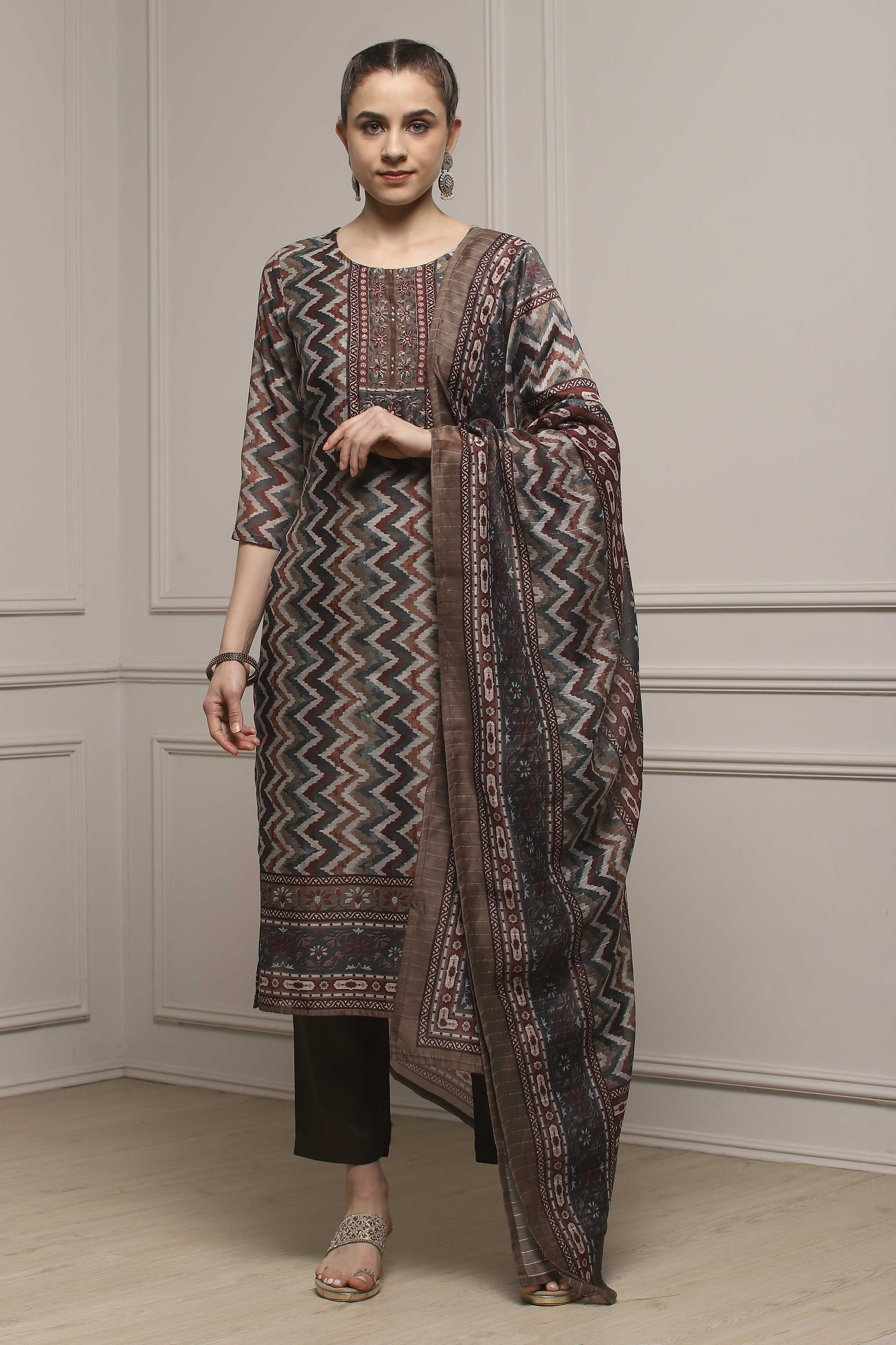 Orange Chanderi Blend Printed Embroidered Unstitched Suit Set image number 1