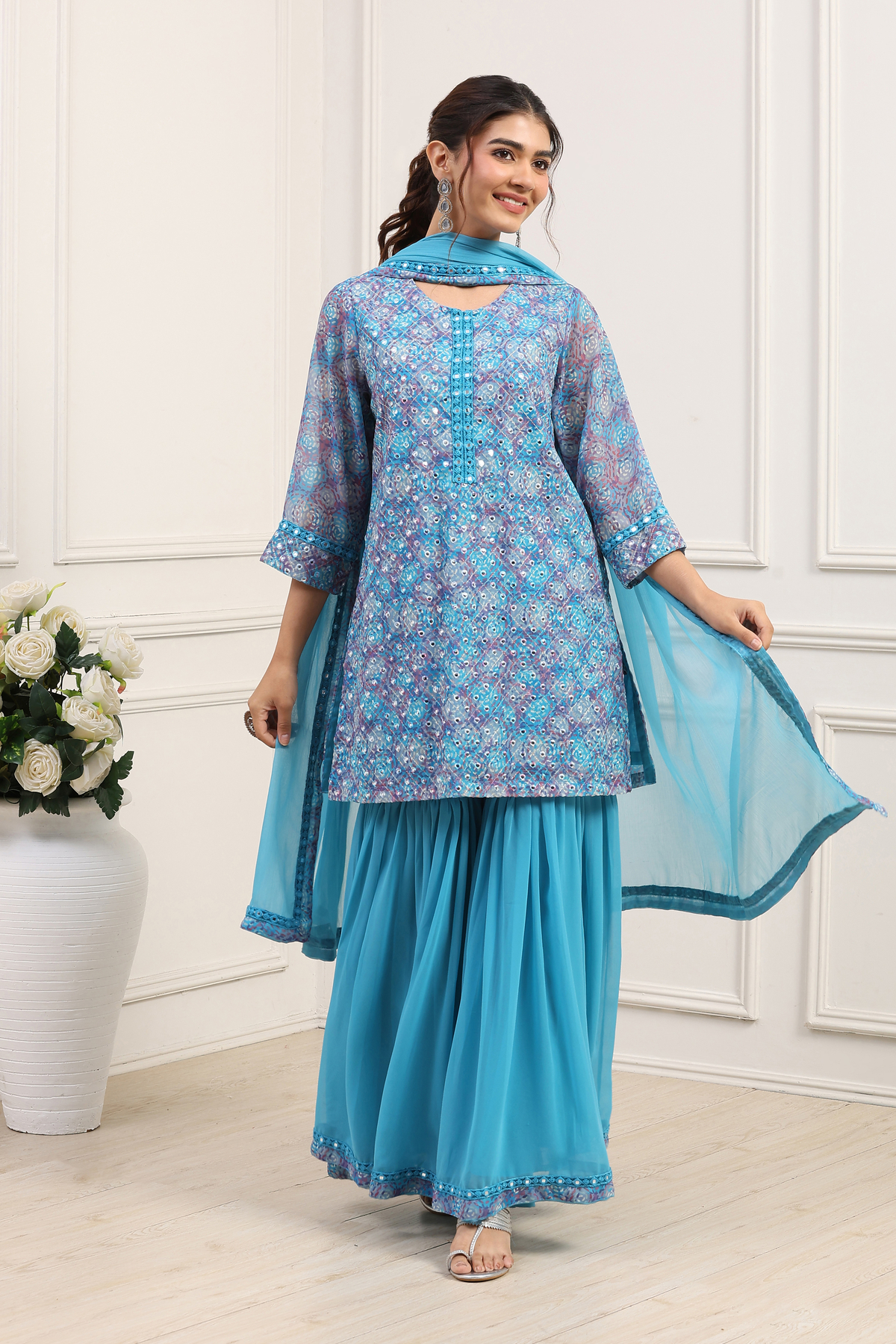 Turquoise Polyester Printed Straight Sharara Kurta Set
