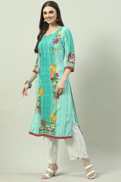 Green LIVA Straight Printed Kurta image number 2