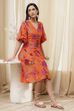 Orange Floral Printed Flared Dress image number 0