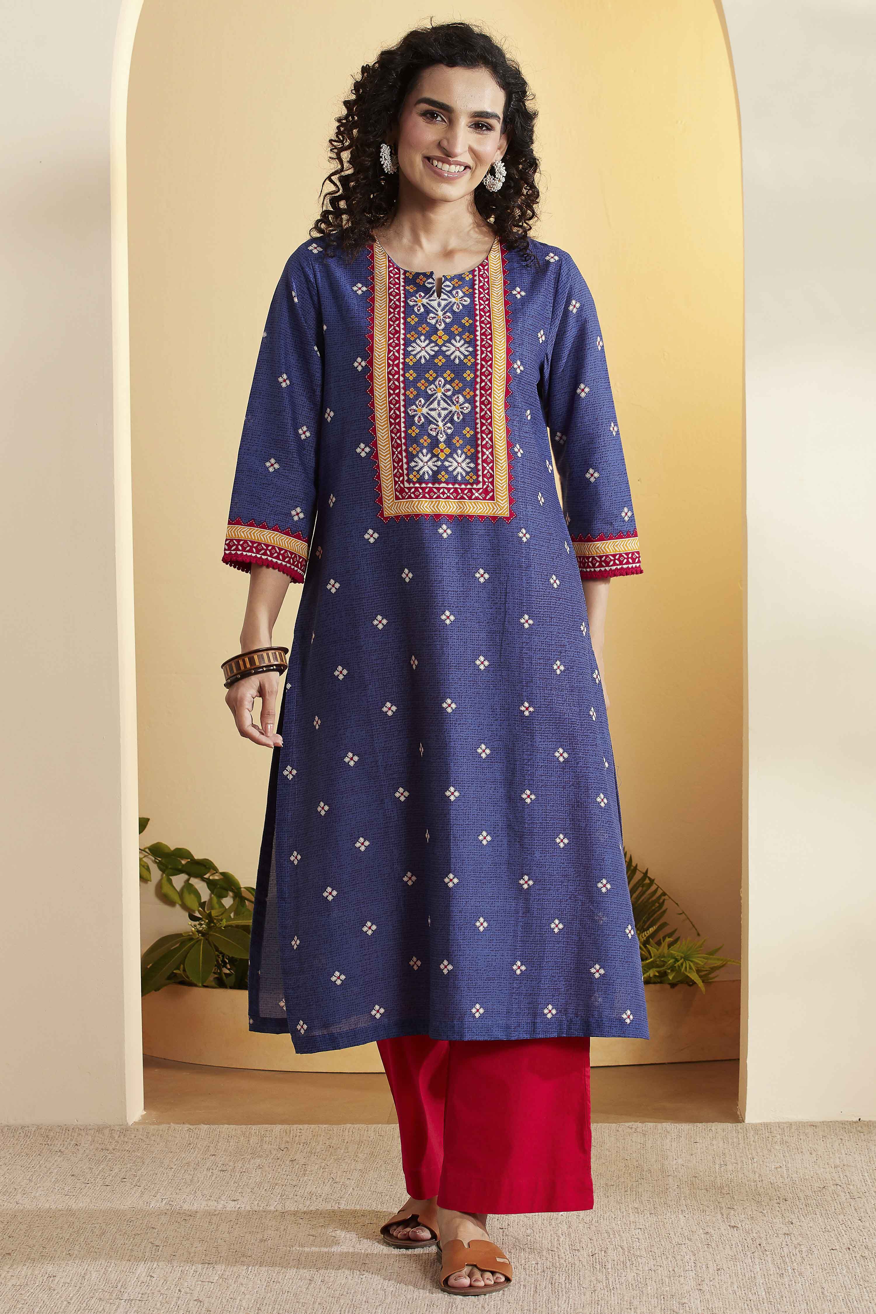 Blue Cotton Printed Straight Kurta image number 0