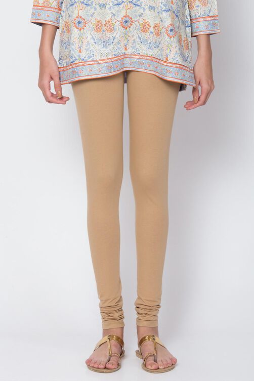 Camel Cotton Blend Solid Churidar image number 0