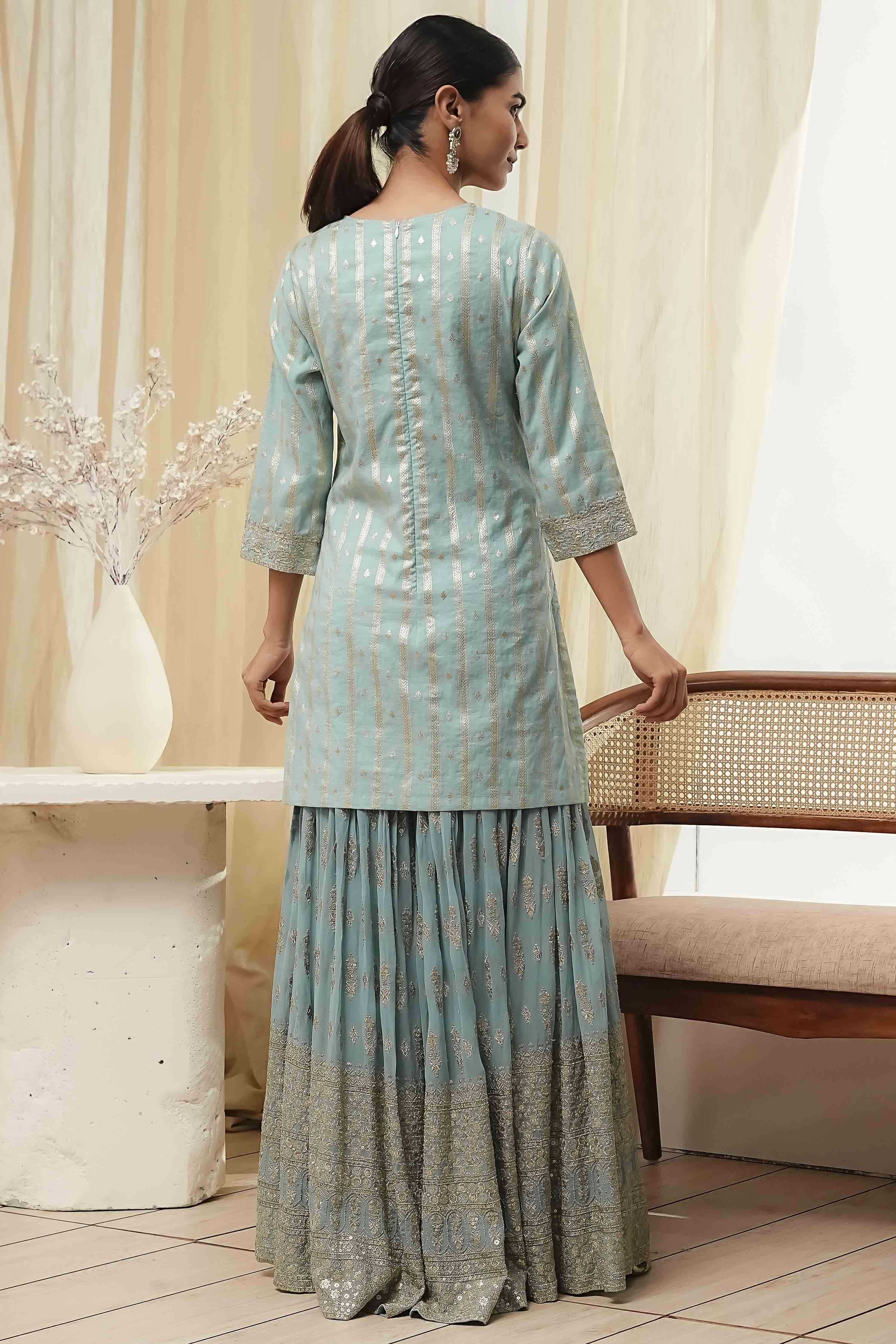 Powder Blue Embroidered Straight Suit Set image number 4