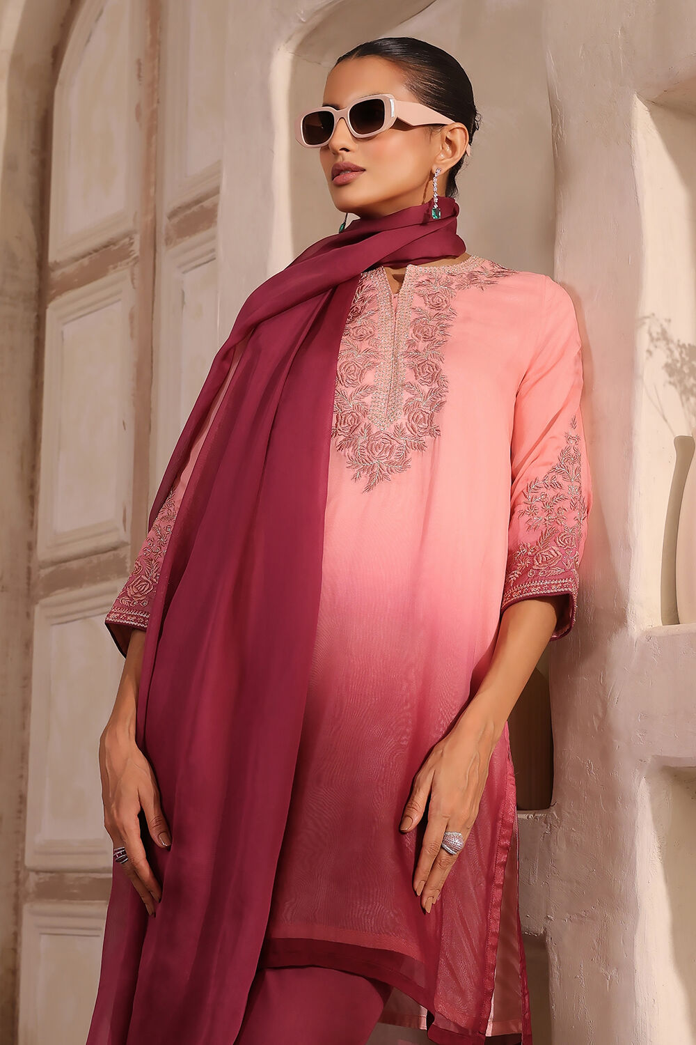 Peach Viscose Blend Straight Suit Set image number 1