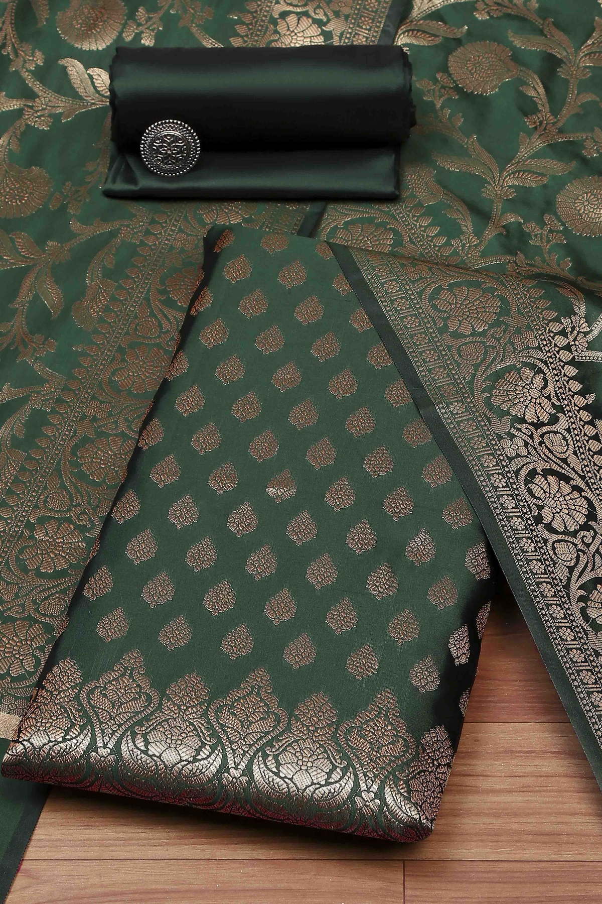 Bottle Green Cotton Printed Embroidered Unstitched Suit Set