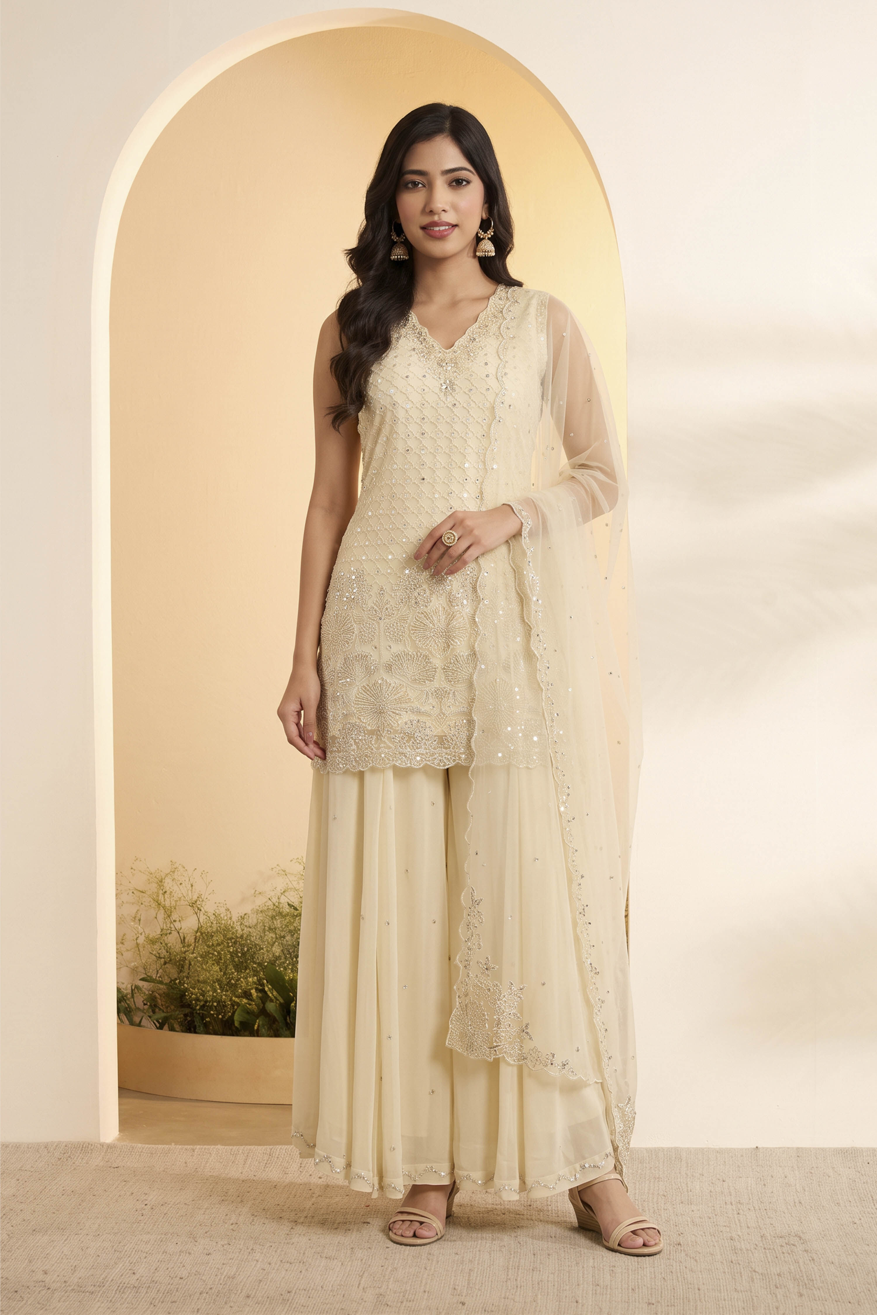 Ivory Embroidered Sharara Set with Net Dupatta image number 4