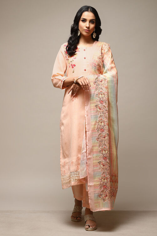 Peach Linen Machine Embroidered Unstitched Suit Set image number 13