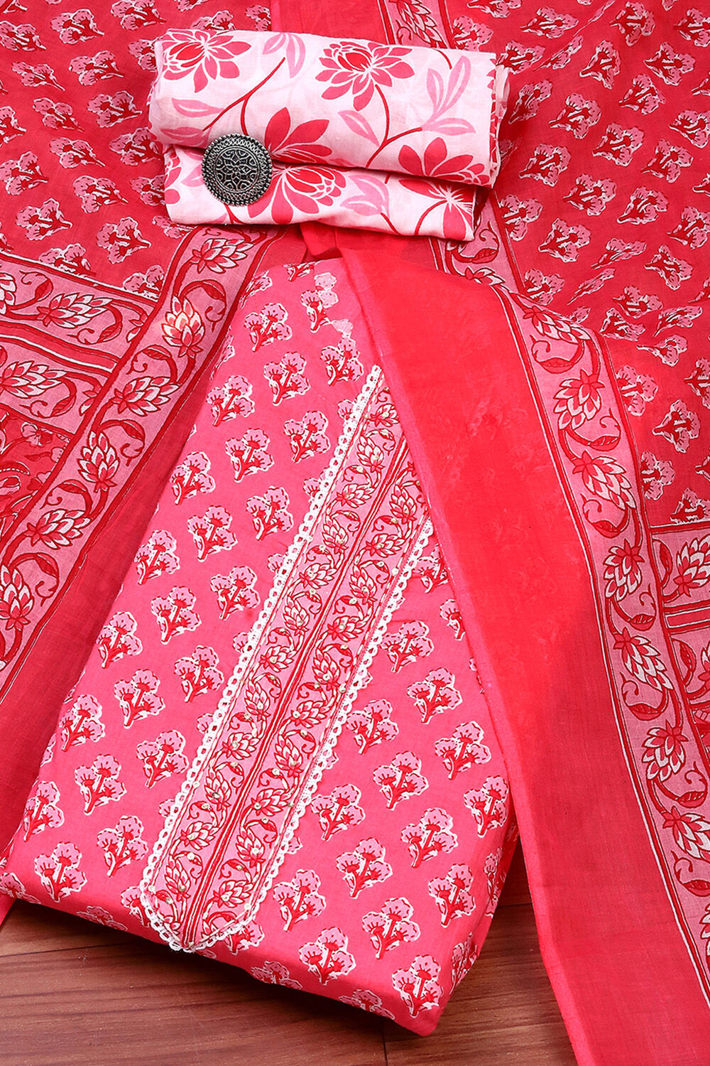 Pink Cotton Screen-Printed Unstitched Suit Set image number 0