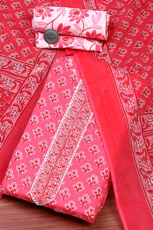 Pink Cotton Screen-Printed Unstitched Suit Set image number 0