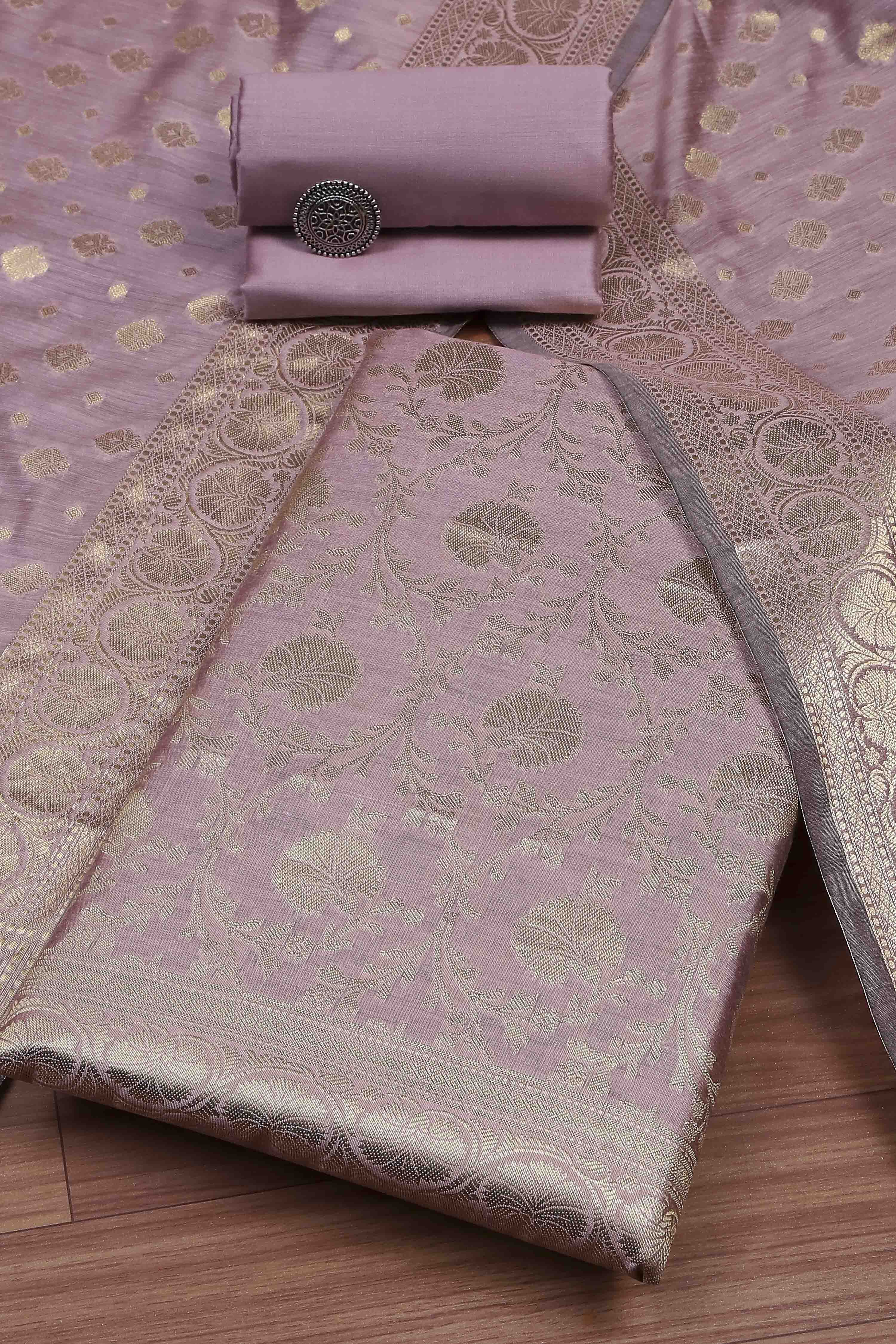 Dusty Purple Banarasi Chanderi Banarasi Print Unstitched Suit Set image number 0
