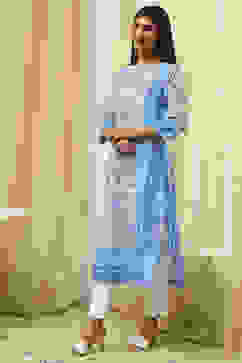 Blue and White Cotton Printed Straight Kurta image number 2