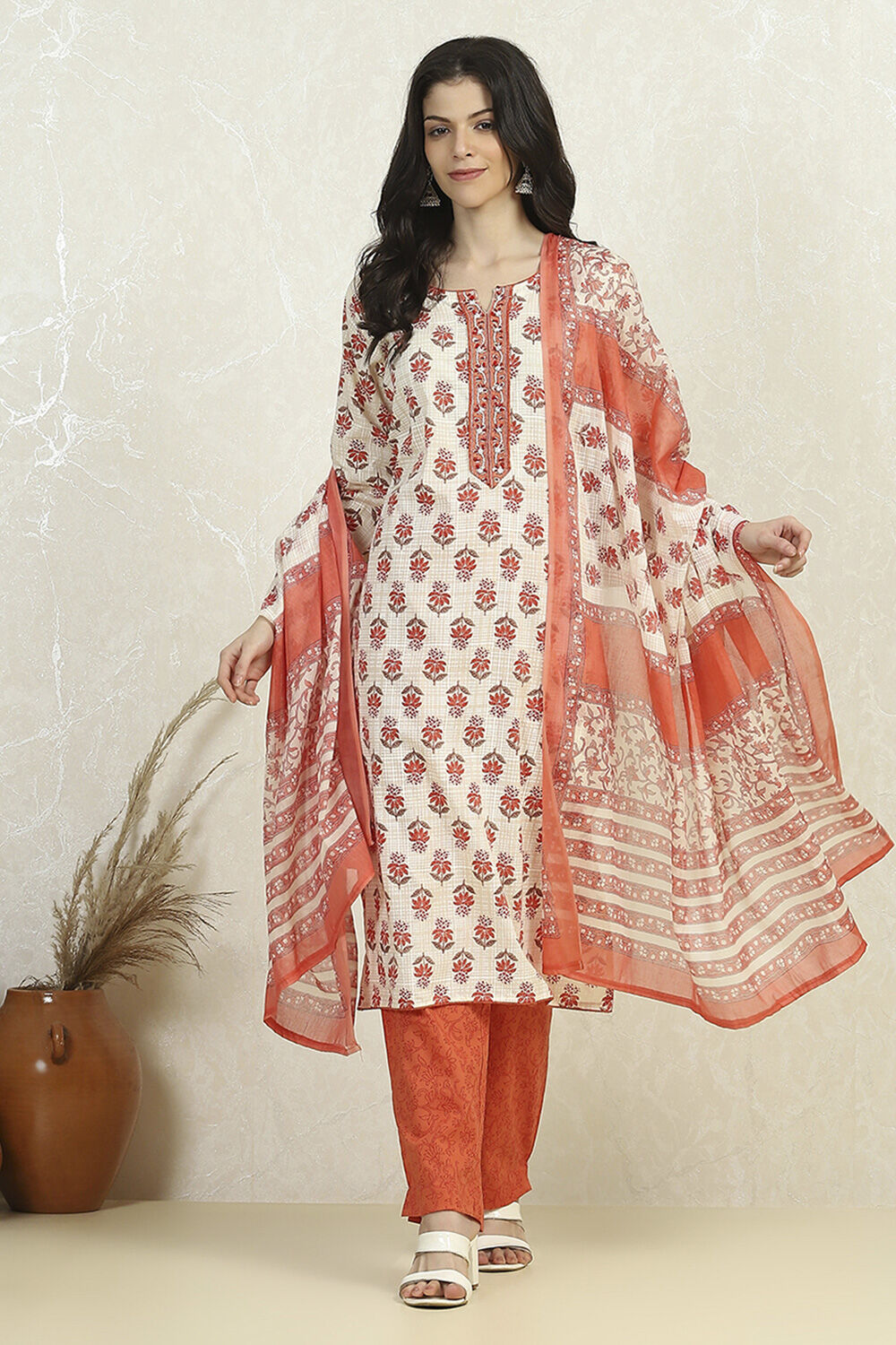 Orange Cotton Printed Embroidered Unstitched Suit Set image number 1