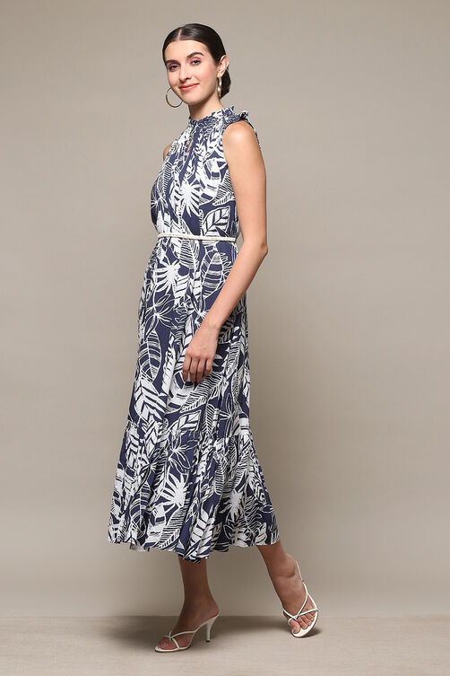 Navy Rayon Tiered Dress with Belt image number 2