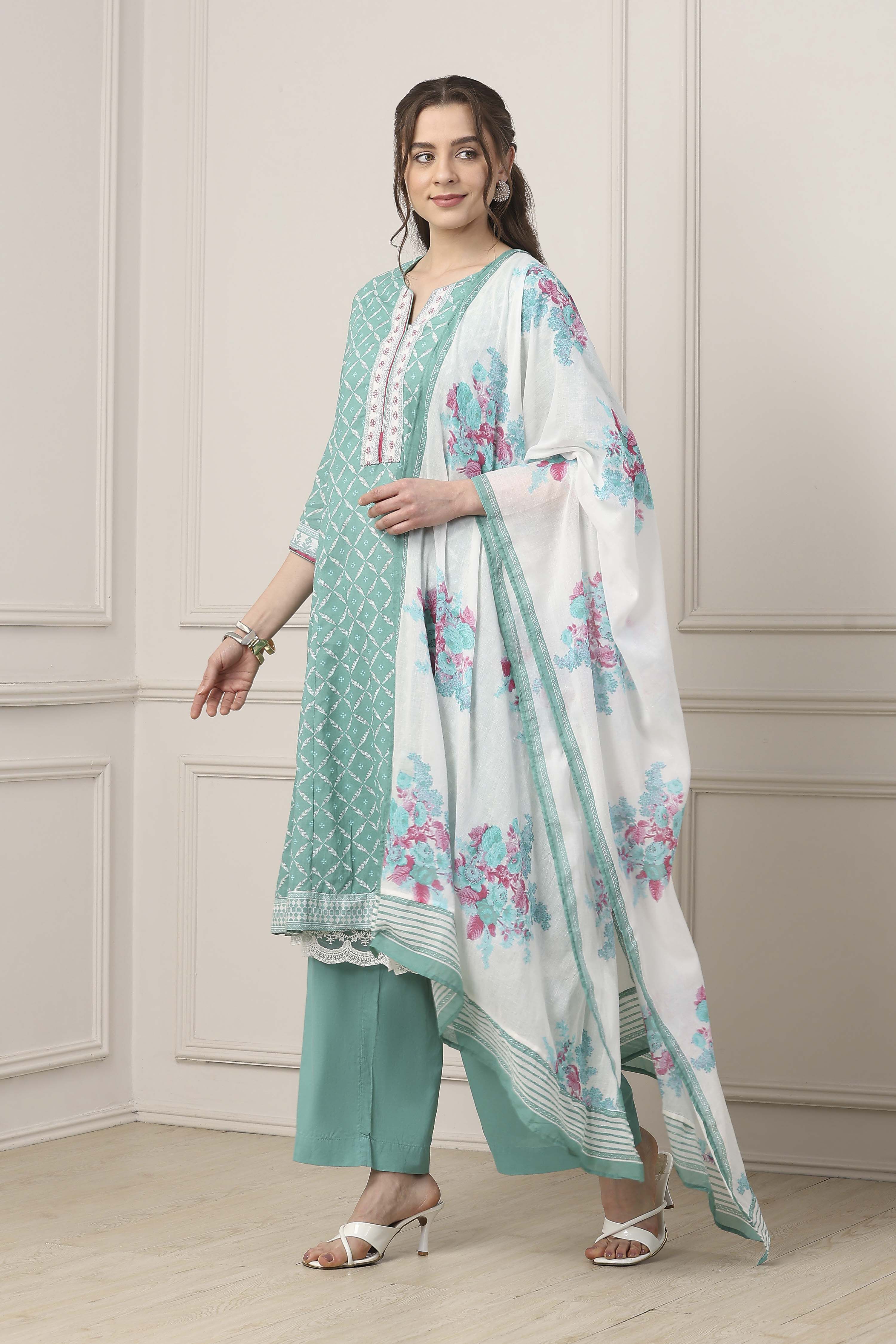 Turquoise Cotton Anarkali Kurta Palazzo Suit Set image number 3
