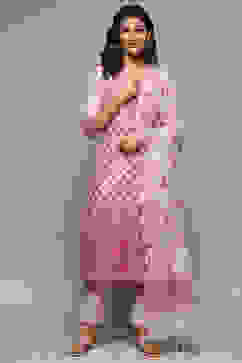 Peach Cotton Blend Straight Yarndyed Kurta Suit Set image number 7