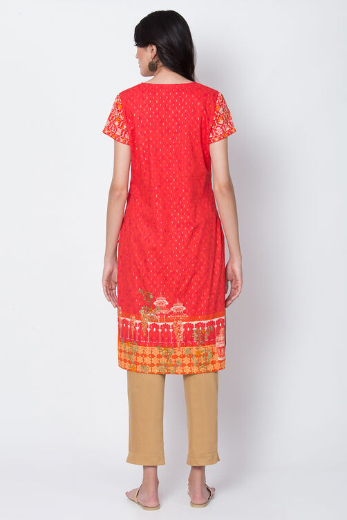 Red Metallic Cotton Straight Printed Kurta image number 5