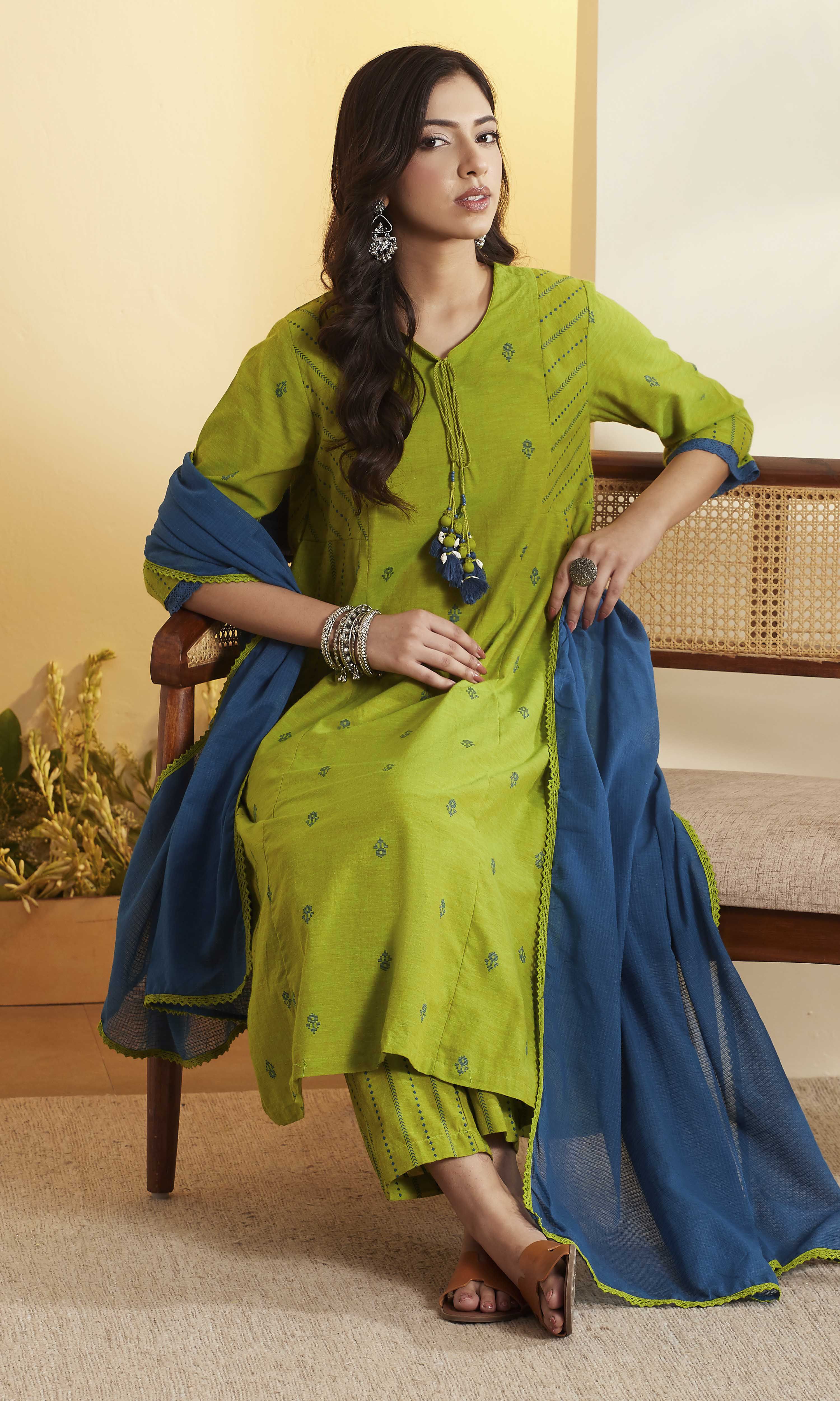 Mint Green Yarndyed Straight Cotton Kurta Set image number 0