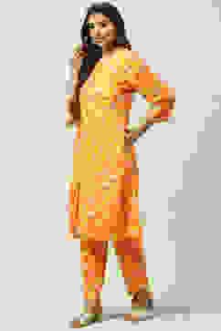 Mango Yellow LIVA Co-ord Set Kurta Relaxed Pant Suit Set image number 3