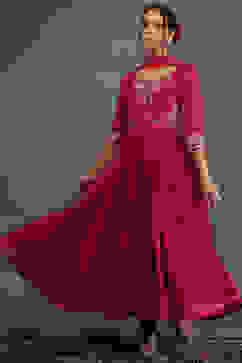 Rohit Bal Pink Silk Chanderi Floral Anarkali Suit Set image number 0