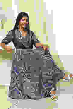 Indigo Cotton Printed Flared Wrap Dress image number 0