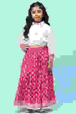 White Shirt Style Top teamed with Pink printed Lehenga Set image number 6