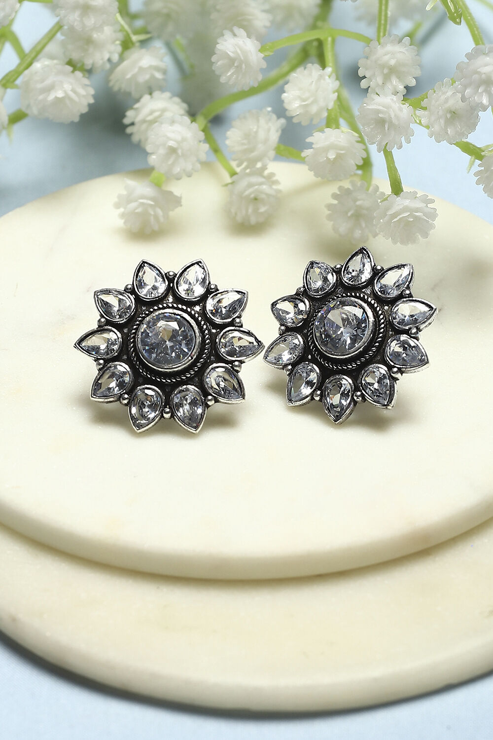 White Oxidised Stone Studded Floral-Shaped Studs image number 0