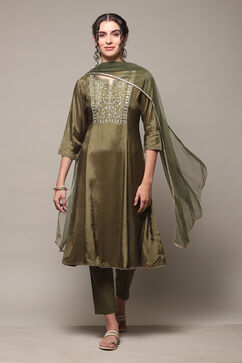 Mehandi Green Viscose Kalidar Kurta Slim Pant Suit Set image number 0