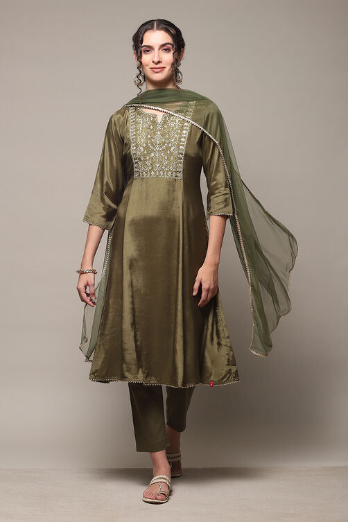 Mehandi Green Viscose Kalidar Kurta Slim Pants Suit Set image number 0