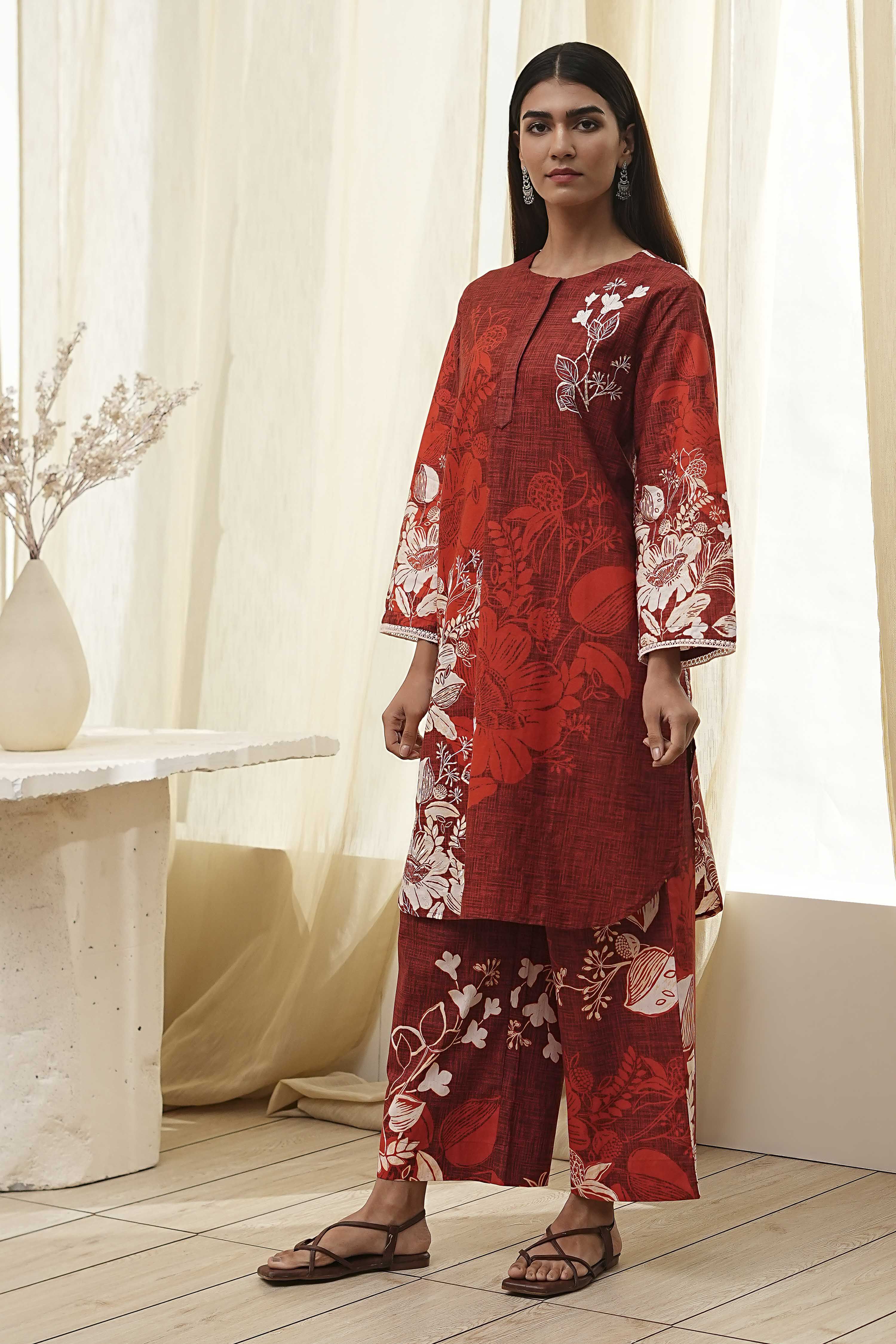 Rust Cotton Floral Straight Kurta Set image number 3