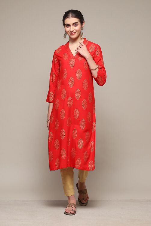 Red LIVA Straight Printed Kurta image number 5