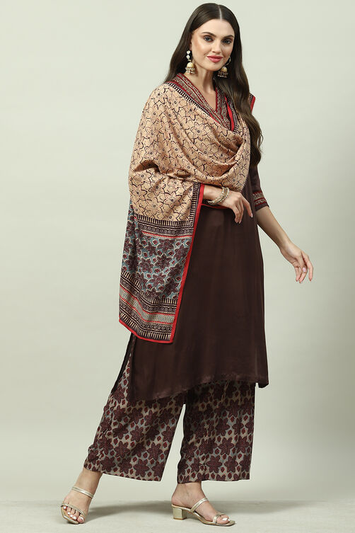 Brown Viscose Straight Kurta Palazzo Suit Set image number 6