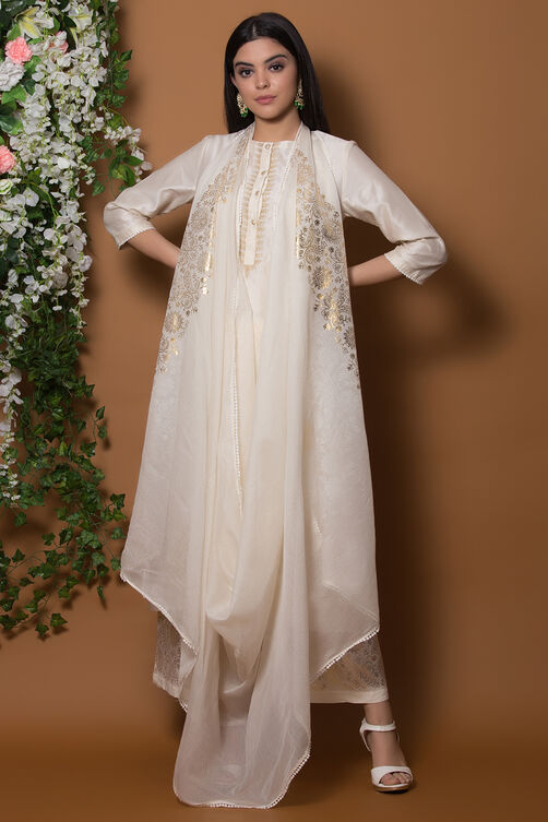 Ivory Cotton Silk A Line Suit Set By Anju Modi image number 2