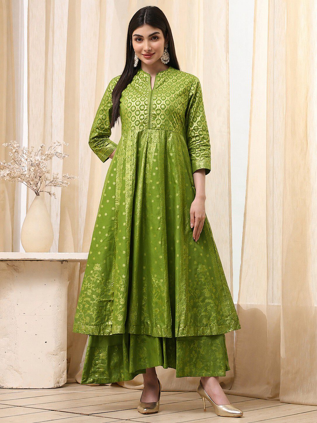 Lime Green Cotton Layered Anarkali Dress image number 5