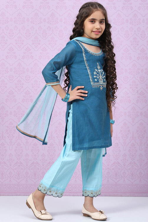 Marine Blue Art Silk Straight  Kurta Palazzo Suit Set image number 6