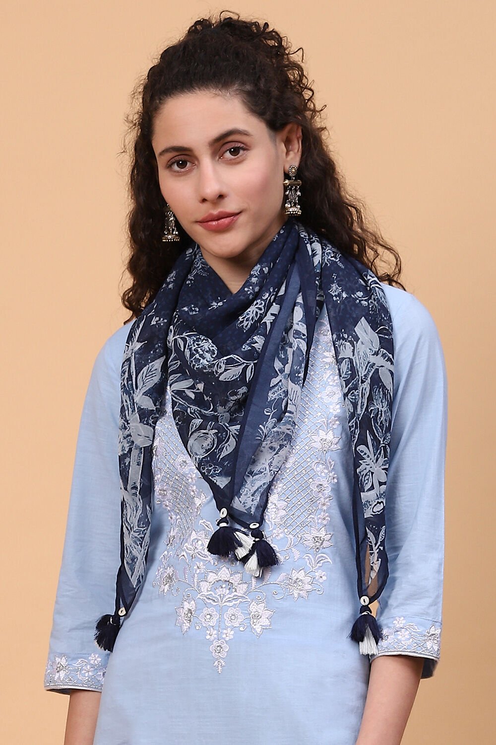 Navy Blue Art Silk Printed Scarf