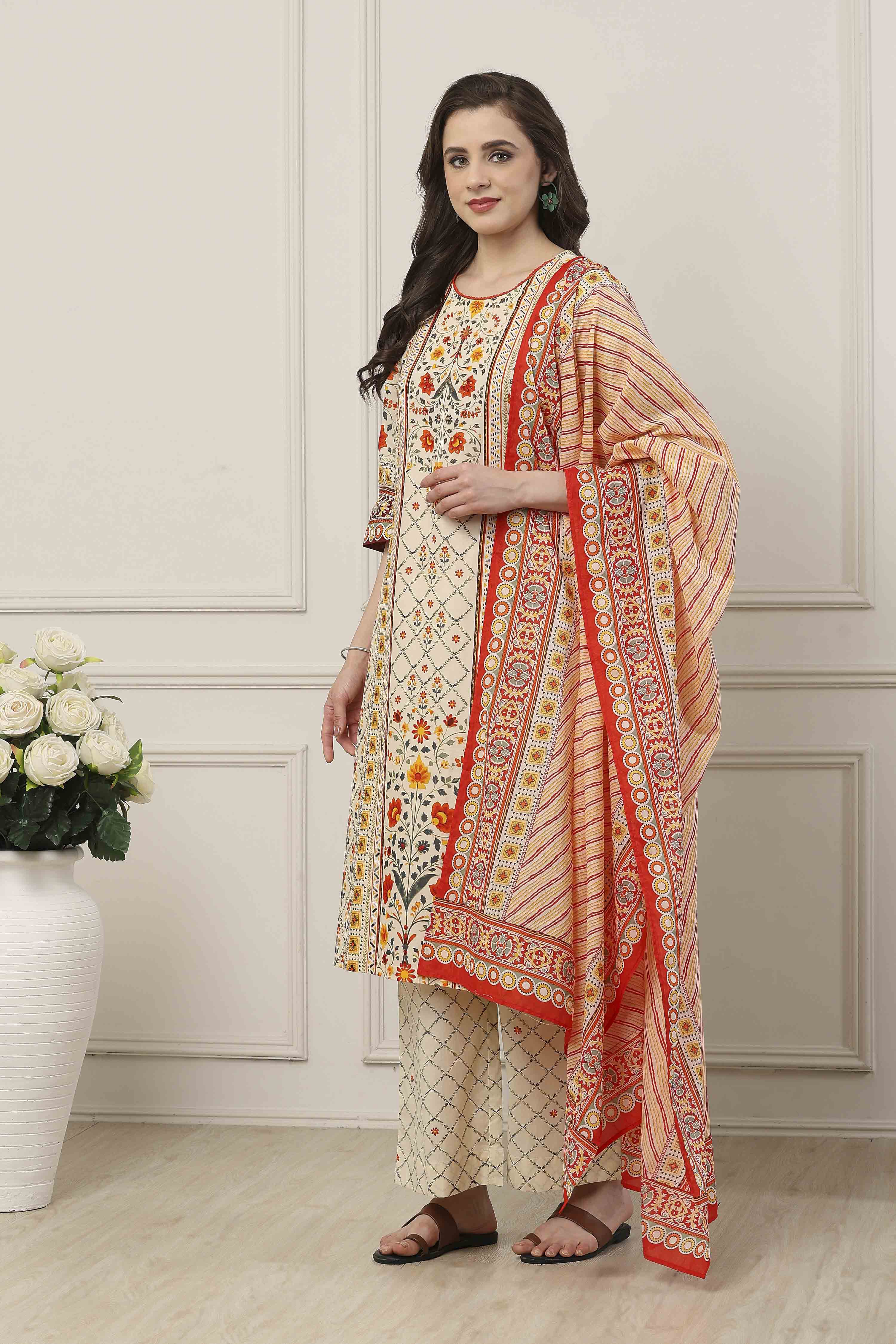 Beige Cotton All-Over Floral Straight Suit Set image number 3
