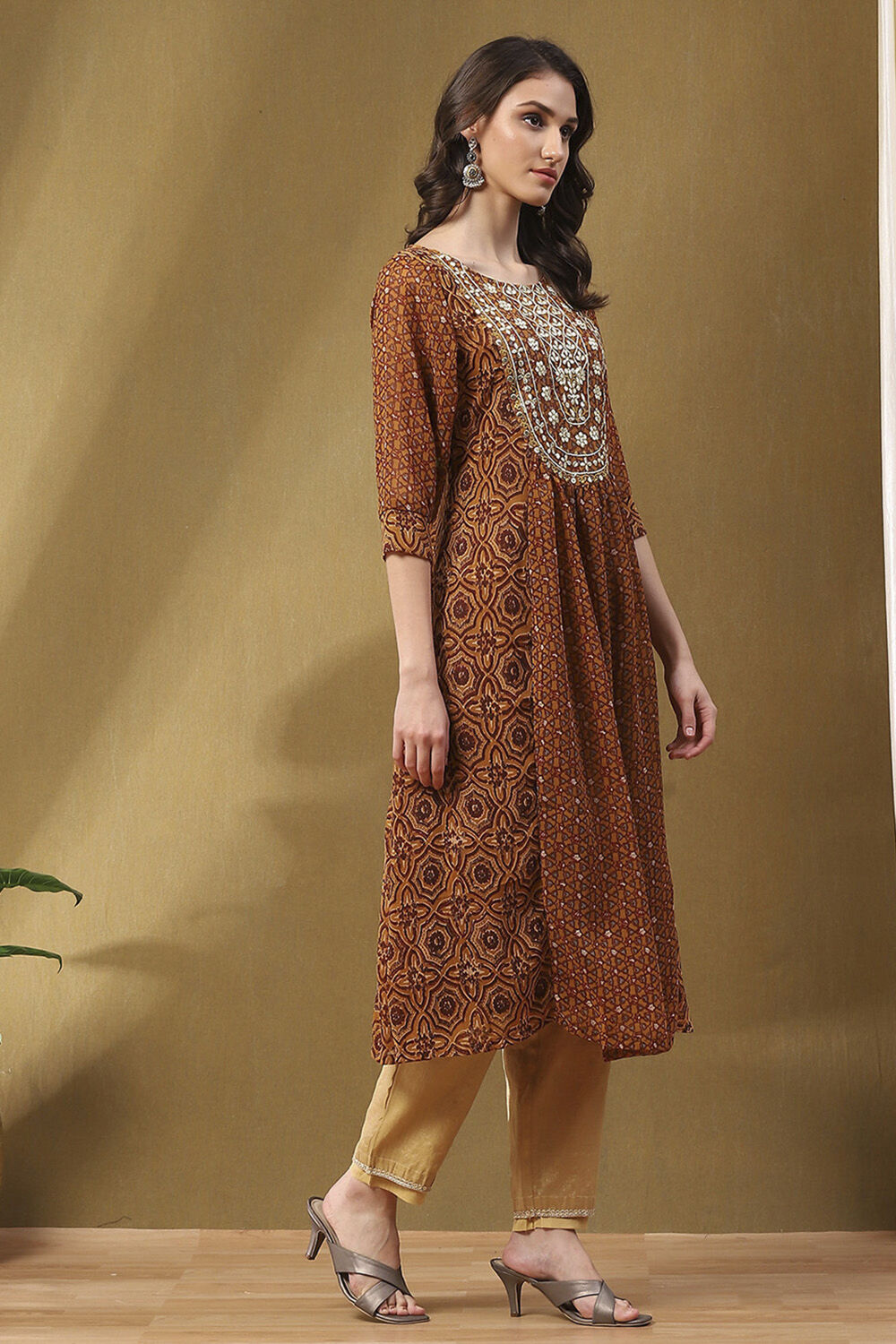 Brown Georgette Printed Gathered A-Line Kurta image number 4