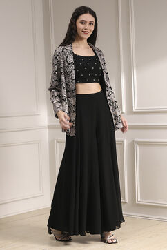 Black Polyester Fitted Embroidered Fusion Set image number 5